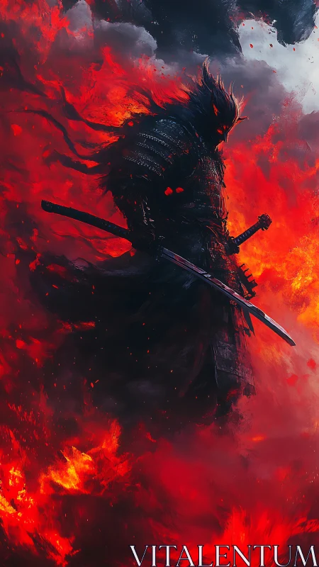 Flaming demon samurai warrior rising through inferno storm.