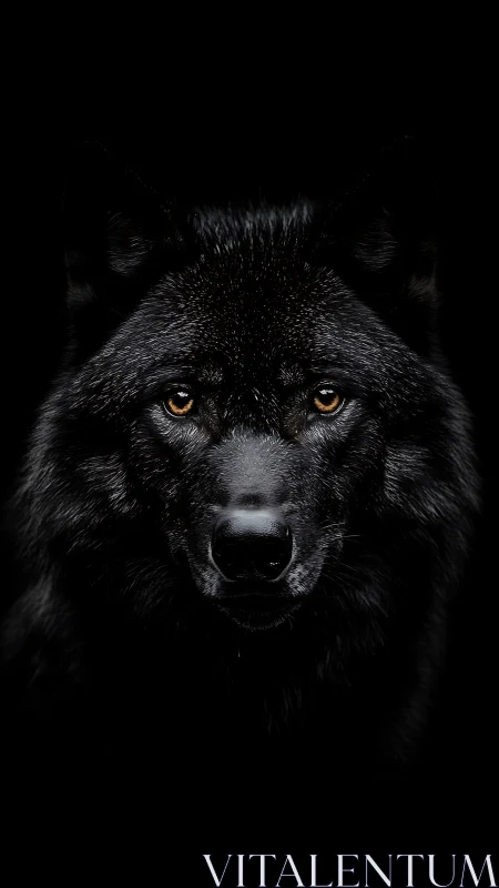 Black wolf frontal portrait is rendered against deep black background