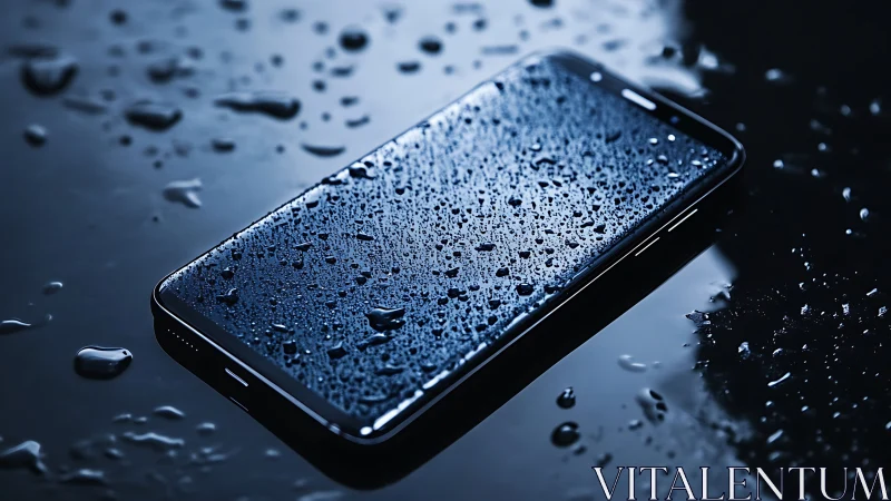 Rain-soaked smartphone dreaming in midnight blue puddles.