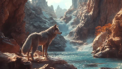 Lone river-wolf pausing at a turquoise mountain cascade.