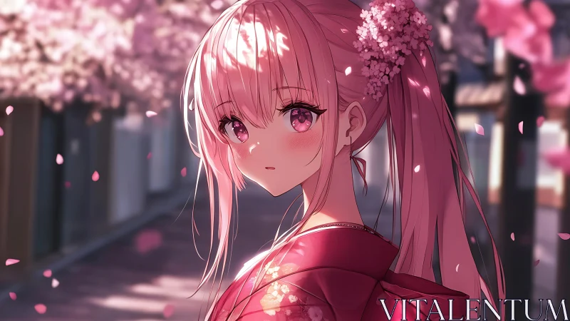 Gentle anime girl glows softly beneath drifting cherry petals