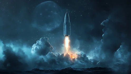 Midnight rocket ascent through luminous storm clouds.
