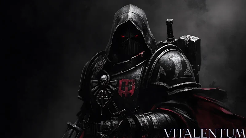 Armored hooded warrior in dark setting with red accents.