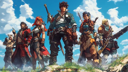 Mixed fantasy adventurer lineup on grassy ridge under sky.