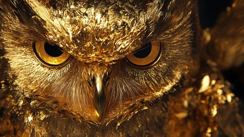 Close-up of a golden owl sculpture with dramatic lighting and detail.