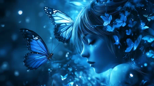 Luminous blue butterflies surround serene girl in moonlit glow