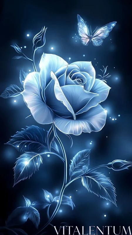 Luminous blue rose with glowing butterfly on dark background