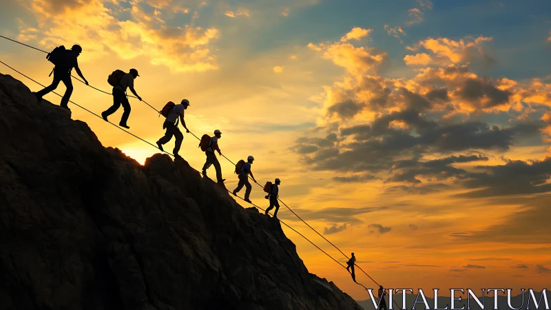 Silhouetted climbers traverse a steep ridge at sunset