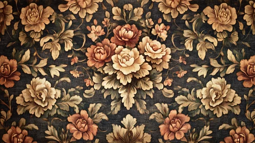 Vintage floral tapestry pattern with baroque rose bouquet centerpiece