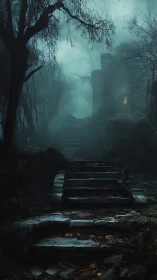 Fog-shrouded stone stair ascent toward dimly lit ruin portal.