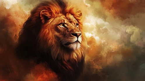 Majestic lion portrait amid glowing abstract clouds.