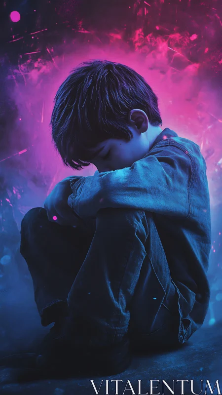 Sad boy curls inward under neon pink and blue haze.