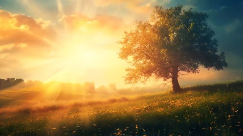 Backlit solitary tree under volumetric sunrise on flowering meadow