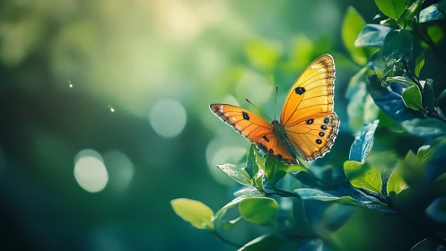 Orange butterfly poised on dewy foliage in soft bokeh light.