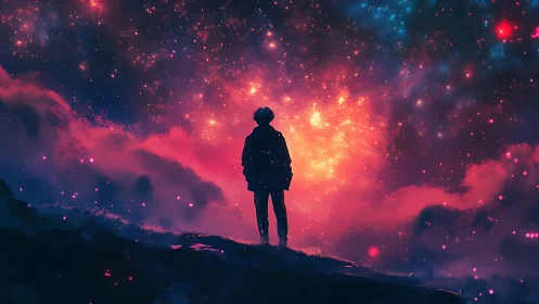 Stargazer on a glowing hill under a dreamy cosmic sky.
