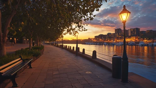 Riverside promenade at dusk with lit lamps and skyline.