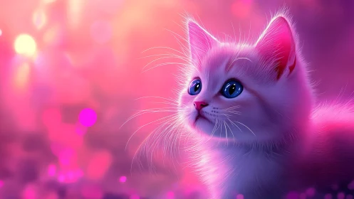 Luminous White Cat Portrait in Vibrant Magenta and Purple Bokeh.