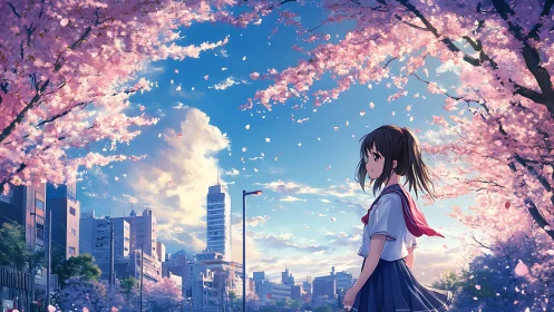 Schoolgirl under cherry trees in urban spring street scene.