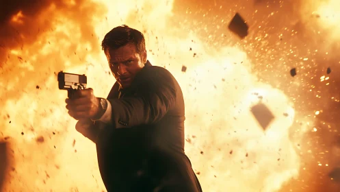 Man in suit aims handgun while running past large explosion