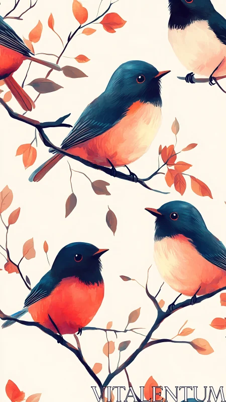 Charming songbirds rest on autumn branches in soft color