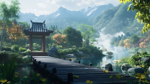 Tranquil garden bridge inviting a quiet mountain escape.