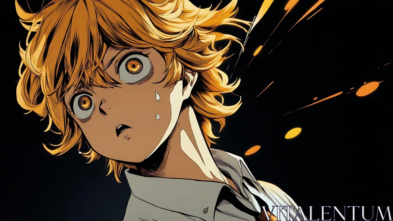 Shocked anime teen with blazing golden eyes and sparks