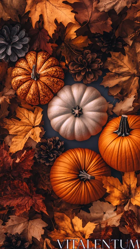 Autumn pumpkins and pinecones rest among rich fallen leaves.