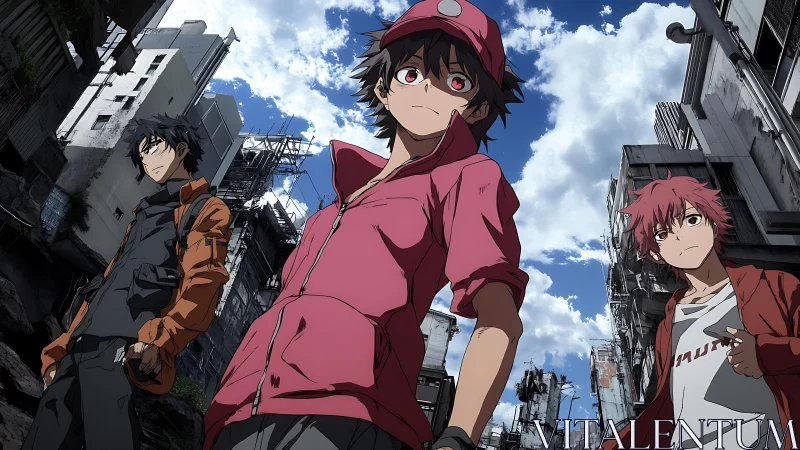 Three youths in urban ruins under blue sky, low angle view.