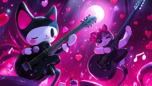 Neon feline musicians perform with electric guitars amid luminous hearts