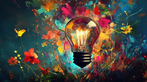Glowing light bulb centered in vivid abstract paint field.