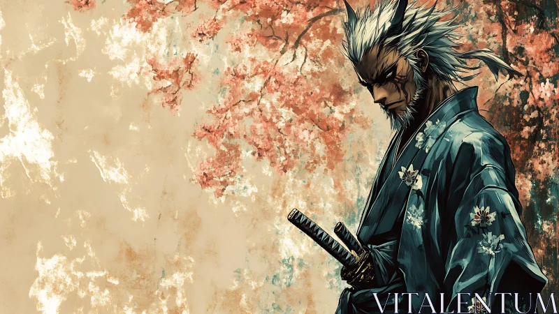 Stoic horned samurai in blue kimono under sakura bloom.