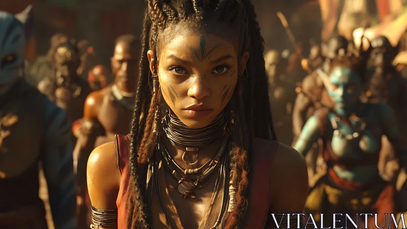 Fierce tribal warrior walks forward with bold steady resolve