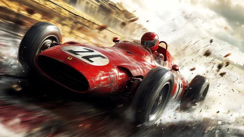 Red vintage single-seater race car sliding through corner.