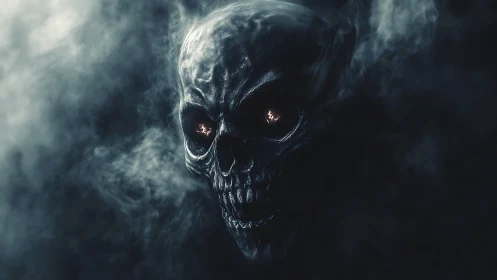 Dark demonic skull emerging from swirling smoke clouds.