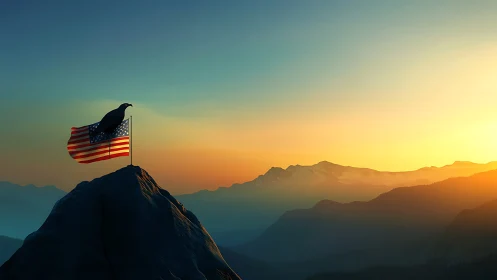 Eagle and American flag crowned by radiant mountain sunrise.