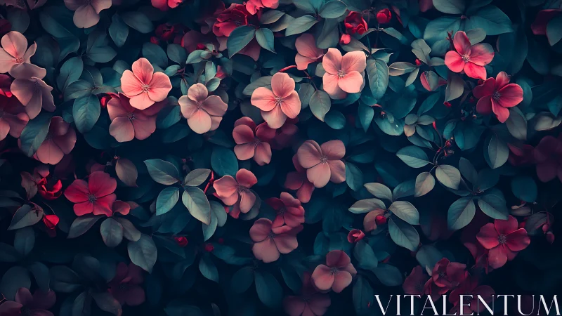 Moody digital painting of pink florals in dense foliage field.