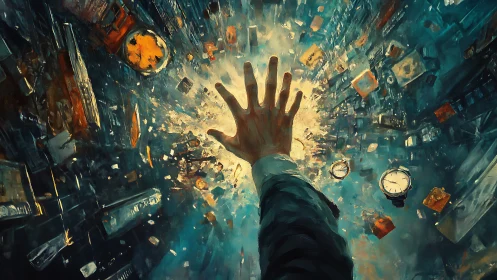 Extended hand amid fragmented objects in radial motion.