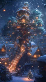 Snow-covered vertical village encircles a multi-level tree