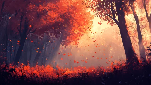 Autumnal Forest Corridor: Incandescent Foliage Dispersion Through Atmospheric Haze.