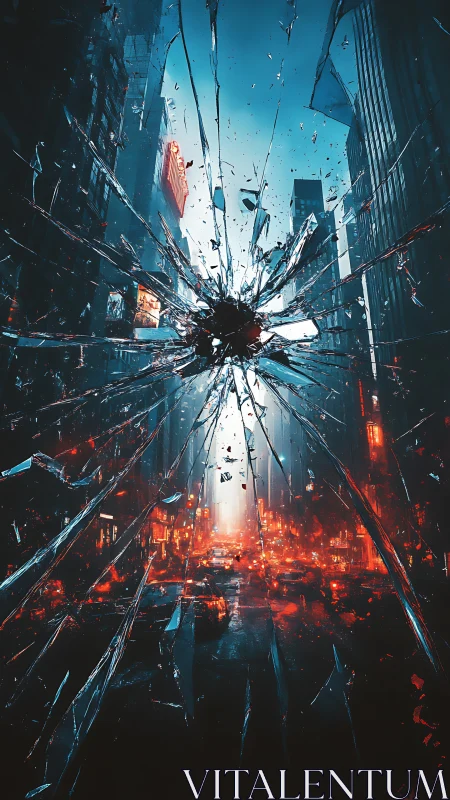 Shattered glass halo frames a neon city caught mid-scream