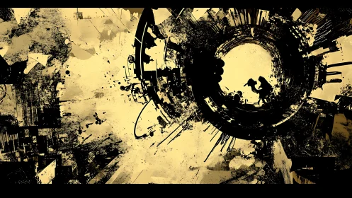 Silhouetted figures within circular abstract urban tunnel.