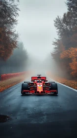 Formula race car stands on wet forest road in foggy weather