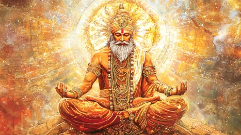 Radiant golden sage in lotus pose before luminous mandala