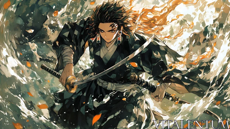 Samurai warrior charges forward with dual katanas drawn