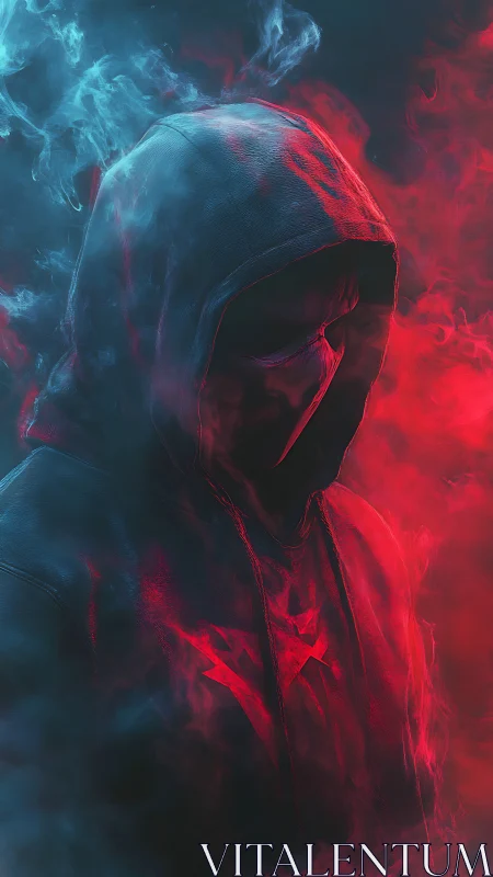 Bilateral chromatic hooded figure in volumetric smoke field.