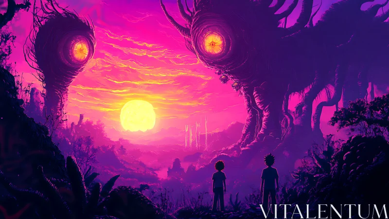 Colossal alien sentinels confronting children at neon sunset.