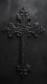 Ornate dark metal cross gleaming softly against shadowed wall.