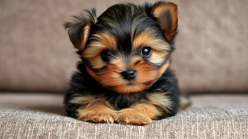 Wide-eyed Yorkie fluffball lounging on a sofa throne.
