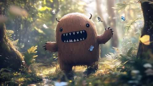 Fuzzy forest monster greeting butterflies in soft sunlight.