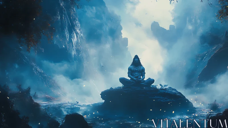 Meditating deity sits on misty river rock under blue light